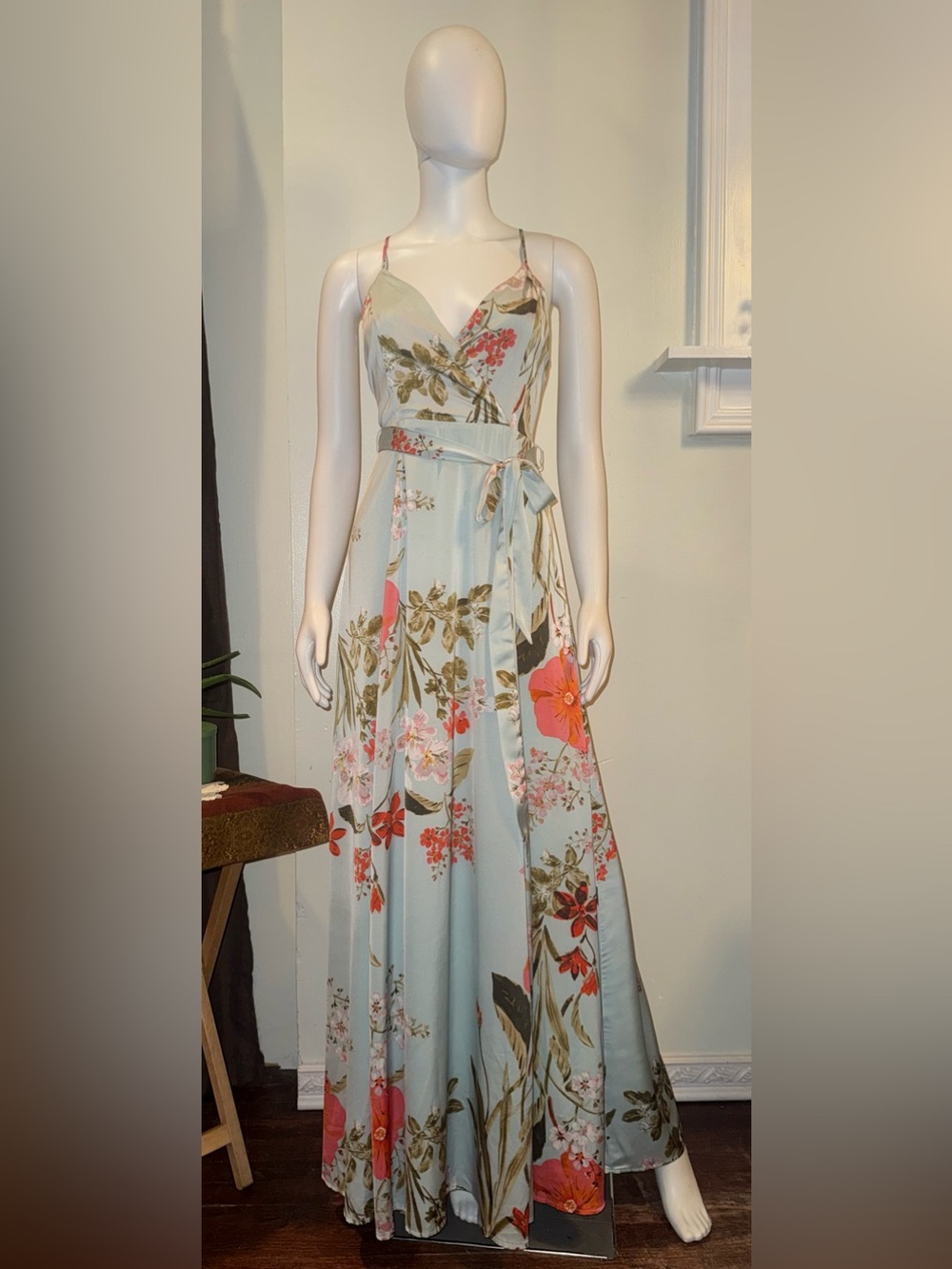 Lulu's Soft Sage Floral Belt Tie Maxi Dress with Coral Accents - Picture 2 of 14